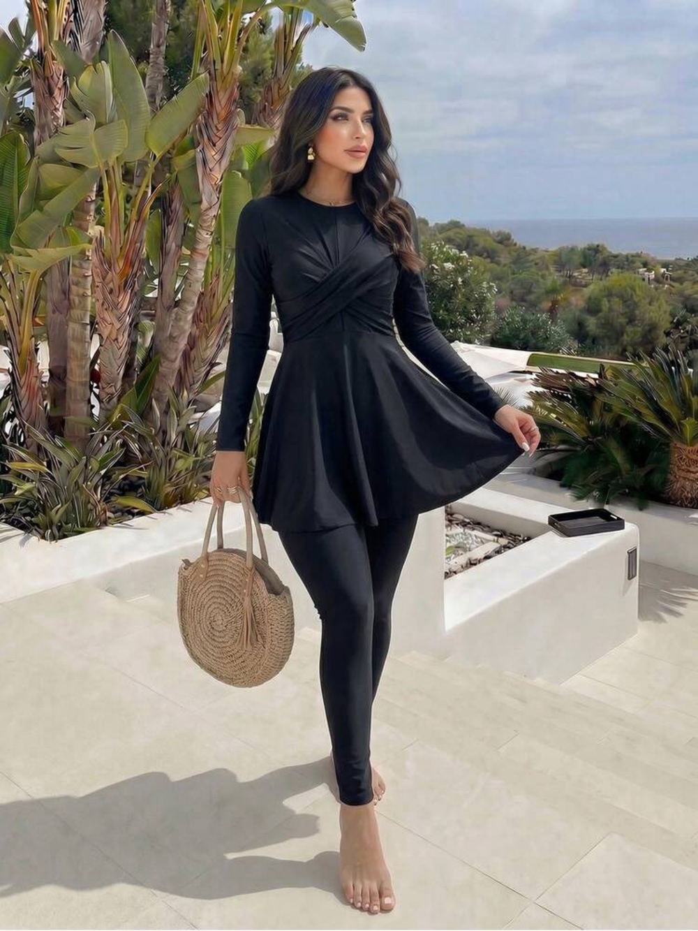 Black Long-Sleeve Burkini Dress with Swimming pant set